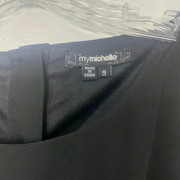 My Michelle Black Sheer Long sleeve Belted Button Back Detail Dress - Picture 7 of 9